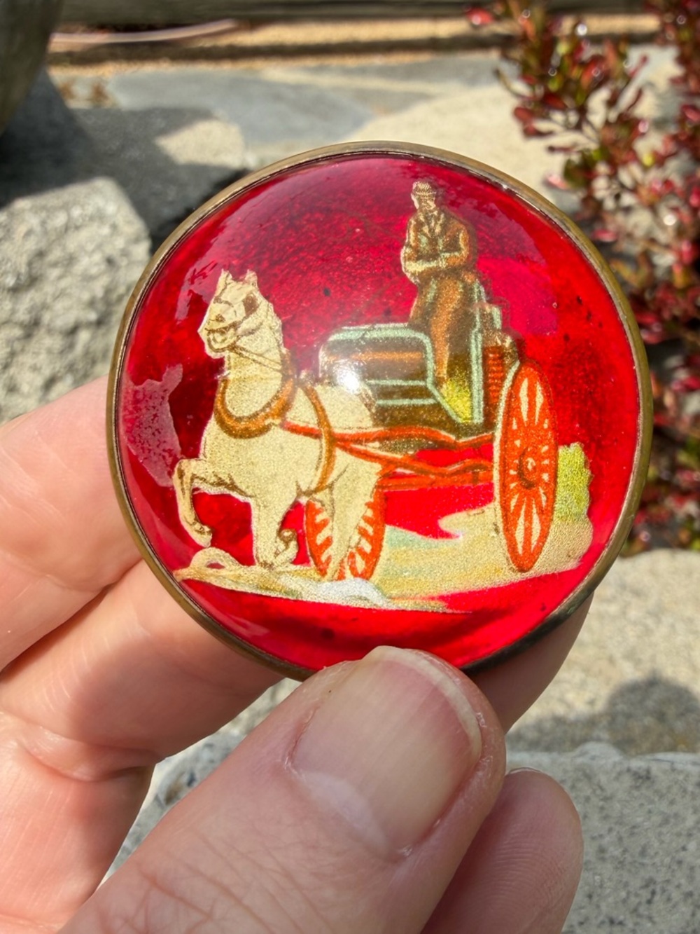 Rare, Vintage Red Glass Button with Gold Horse & Cart Motif